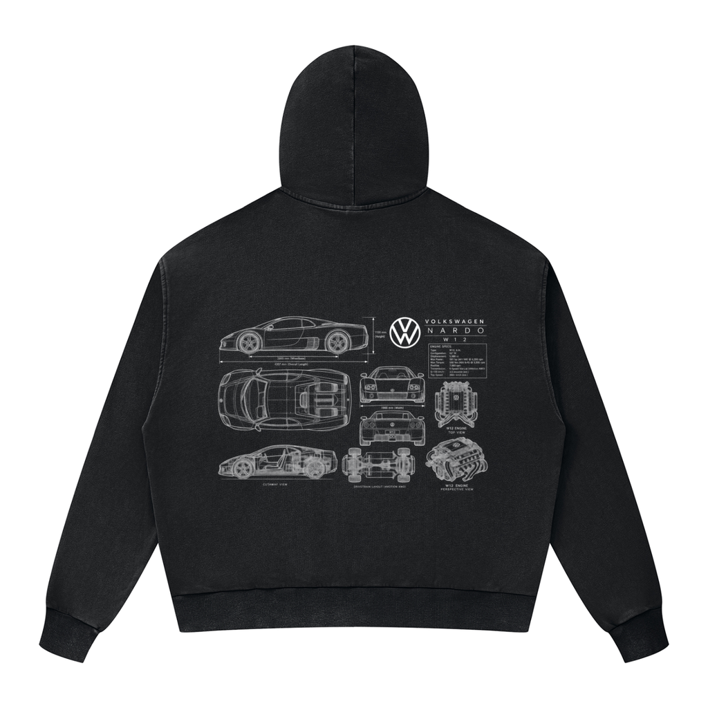 Volkswagen Nardo Blueprint Unisex Mineral Wash Boxy Full Zip Hoodie
