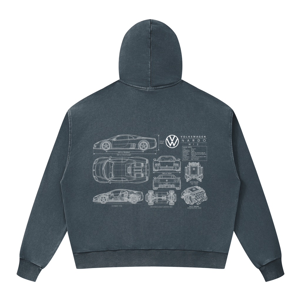Volkswagen Nardo Blueprint Unisex Mineral Wash Boxy Full Zip Hoodie