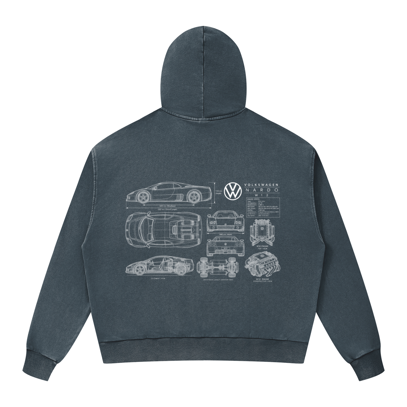 Volkswagen Nardo Blueprint Unisex Mineral Wash Boxy Full Zip Hoodie