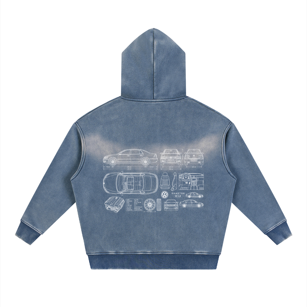 Volkswagen Phaeton Blueprint Sunfade Two-way Zipper Boxy Fleece Hoodie