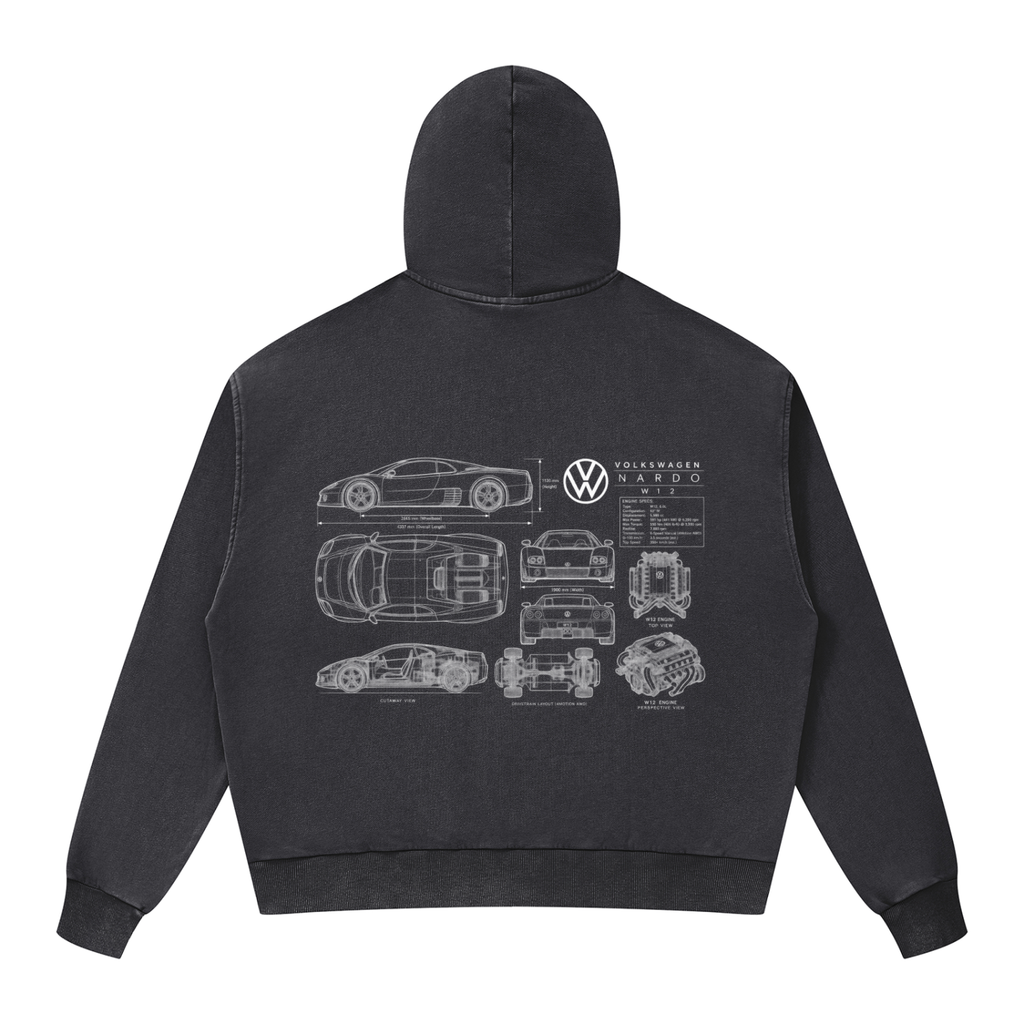 Volkswagen Nardo Blueprint Unisex Mineral Wash Boxy Full Zip Hoodie