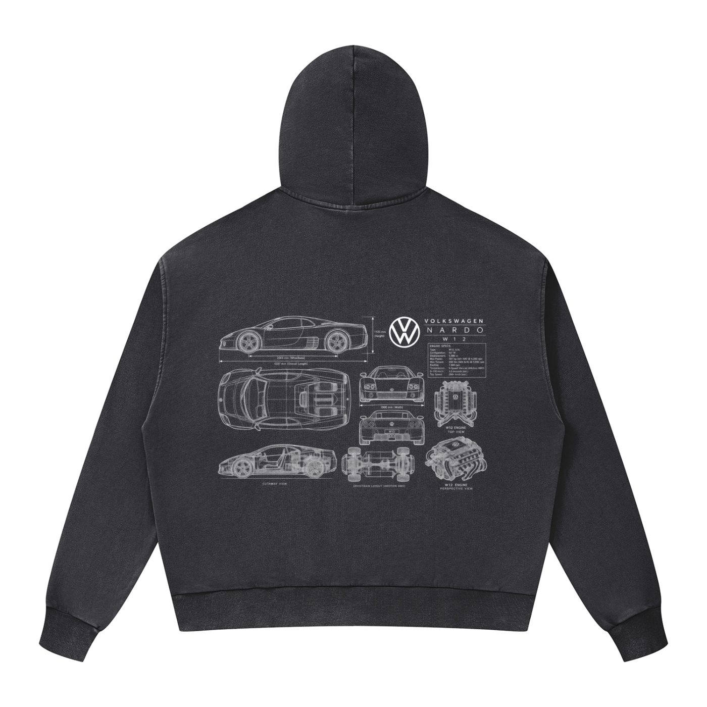Volkswagen Nardo Blueprint Unisex Mineral Wash Boxy Full Zip Hoodie