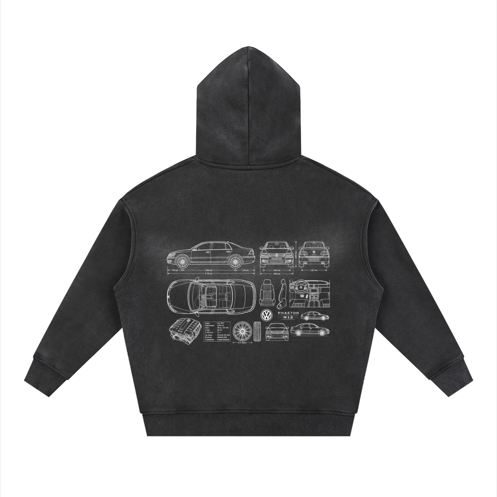 Volkswagen Phaeton Blueprint Sunfade Two-way Zipper Boxy Fleece Hoodie