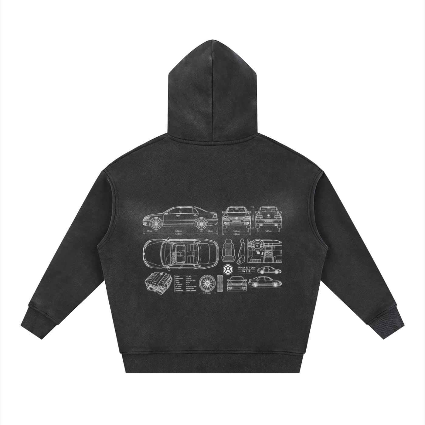 Volkswagen Phaeton Blueprint Sunfade Two-way Zipper Boxy Fleece Hoodie
