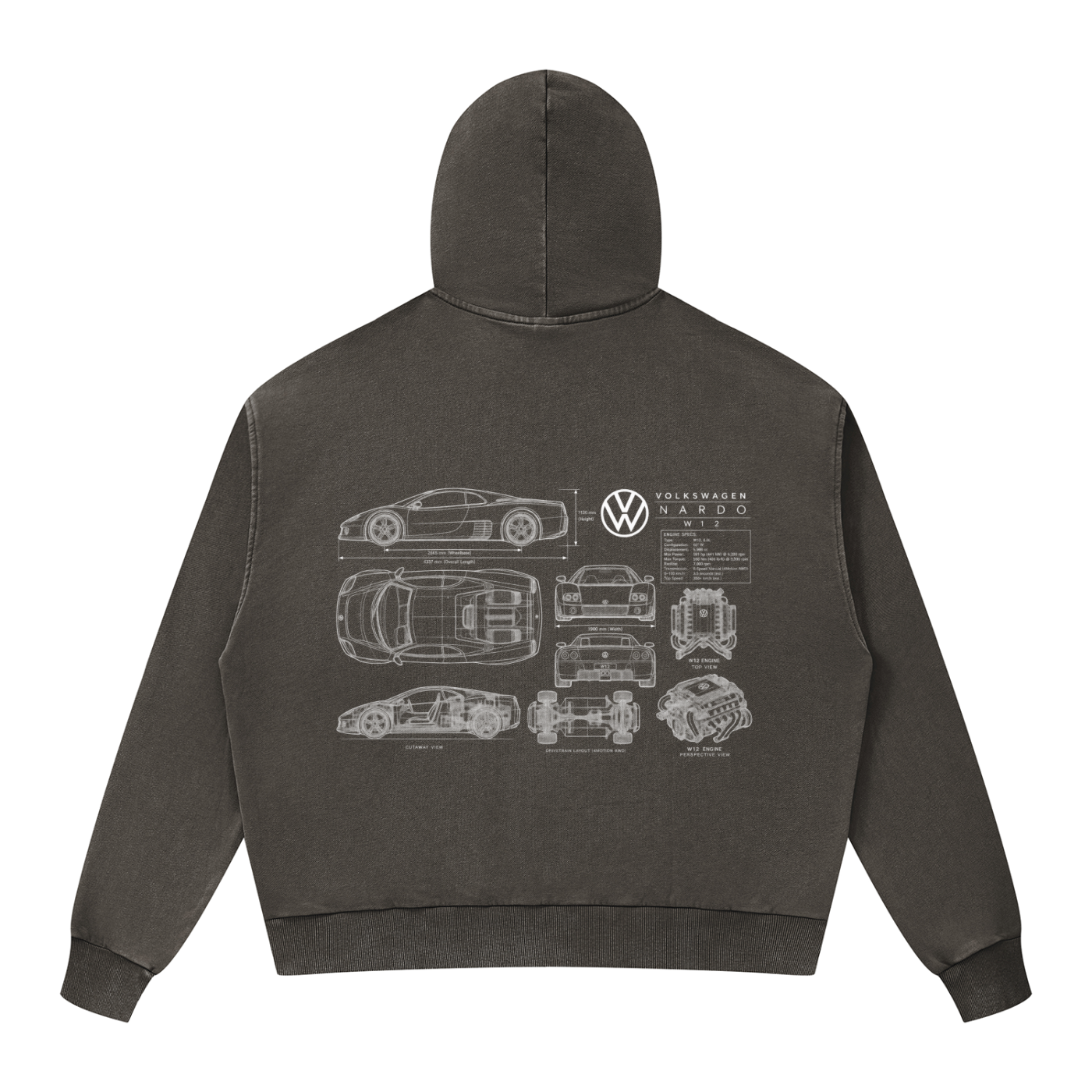 Volkswagen Nardo Blueprint Unisex Mineral Wash Boxy Full Zip Hoodie