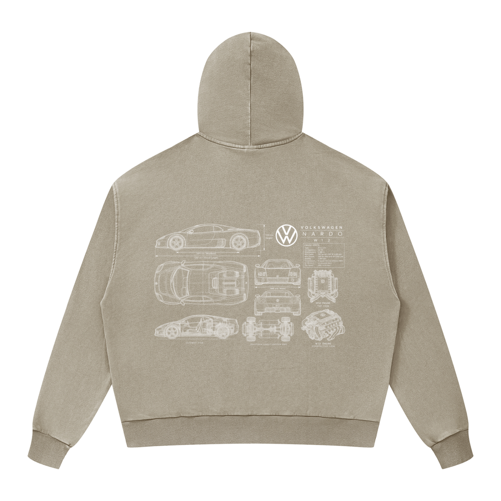 Volkswagen Nardo Blueprint Unisex Mineral Wash Boxy Full Zip Hoodie